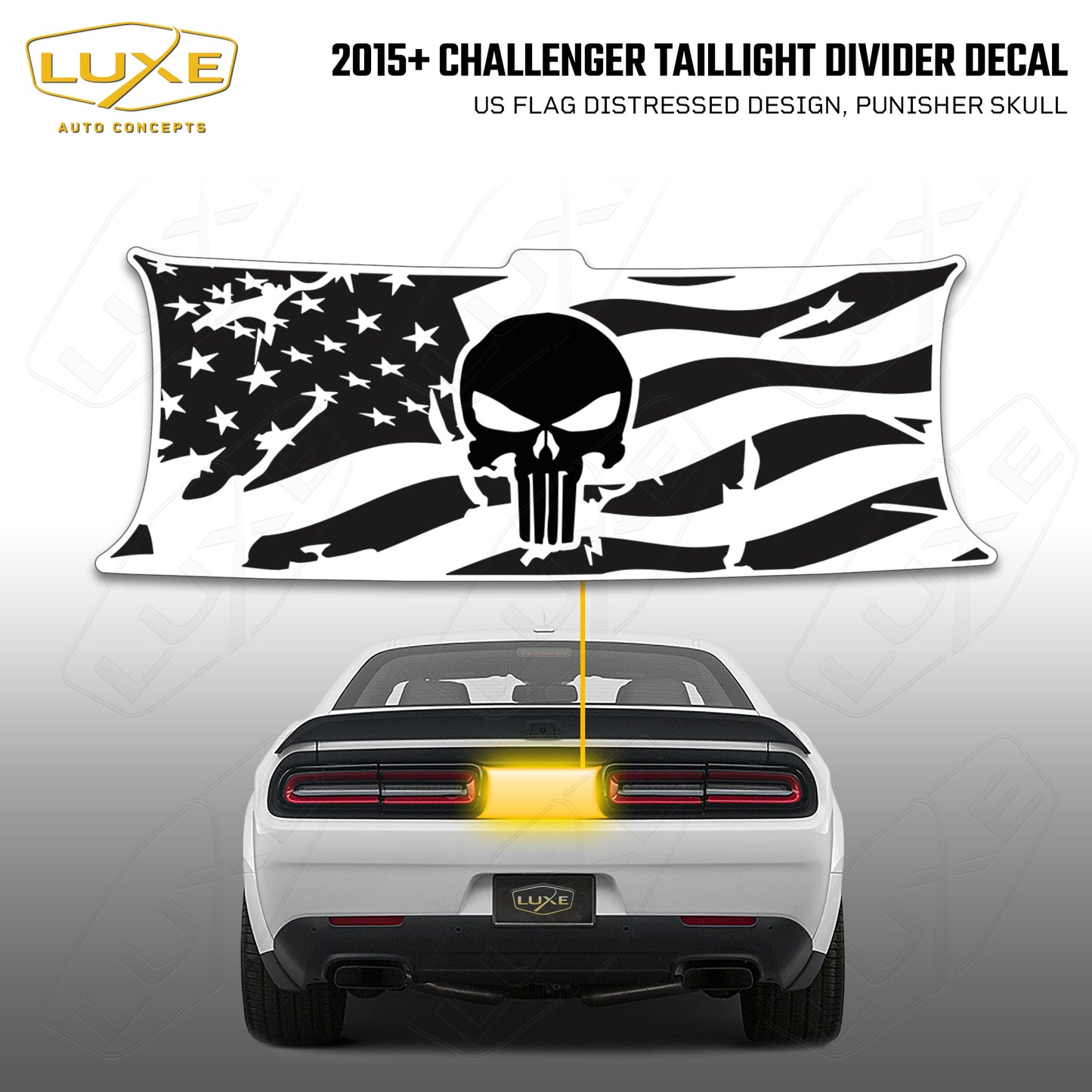 2015+ Challenger Taillight Center Divider Decal - US Flag Distressed Design, Punisher Skull Kit