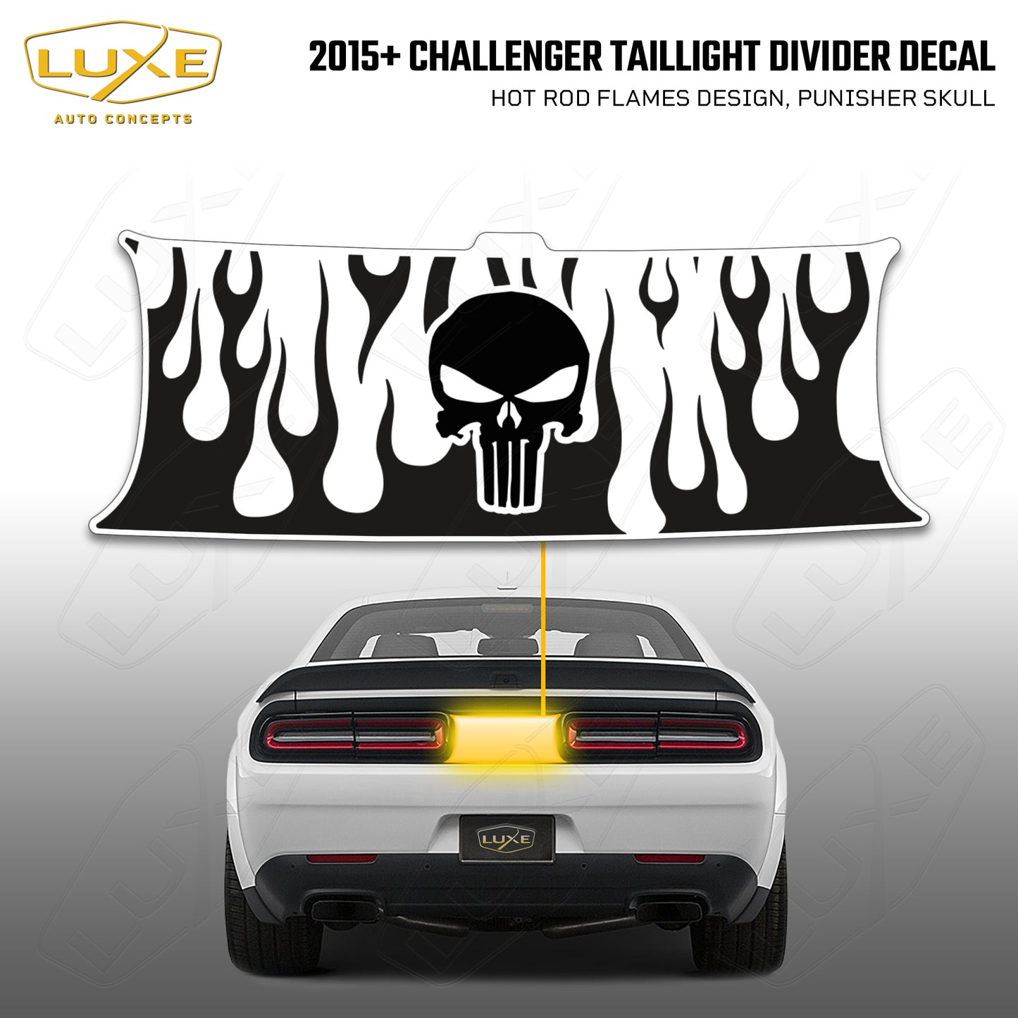 2015+ Challenger Taillight Center Divider Decal - Hot Rod Flames Design, Punisher Skull Kit