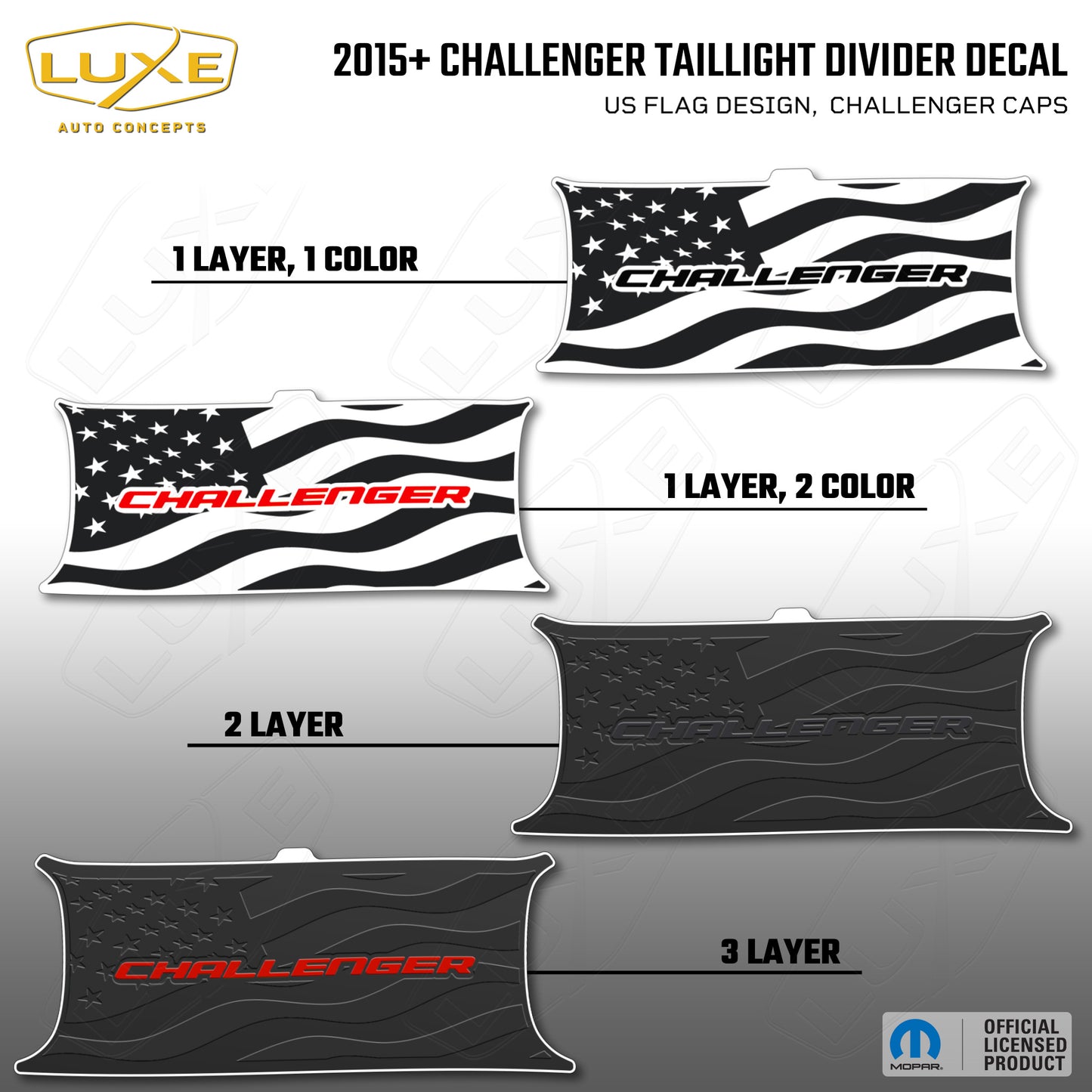 2015+ Challenger Taillight Center Divider Decal - US Flag Design, Challenger Caps