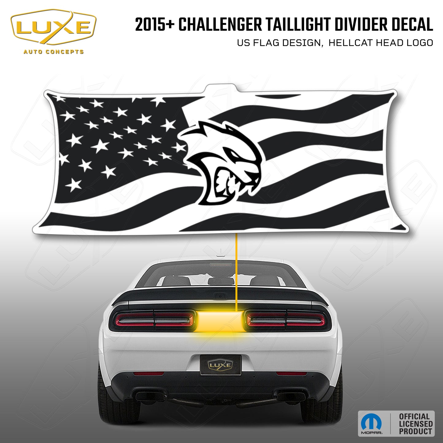 2015+ Challenger Taillight Center Divider Decal - US Flag Design, Hellcat Head Logo