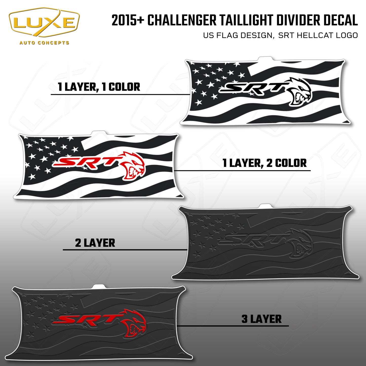 2015+ Challenger Taillight Center Divider Decal - US Flag Design, SRT Hellcat Logo