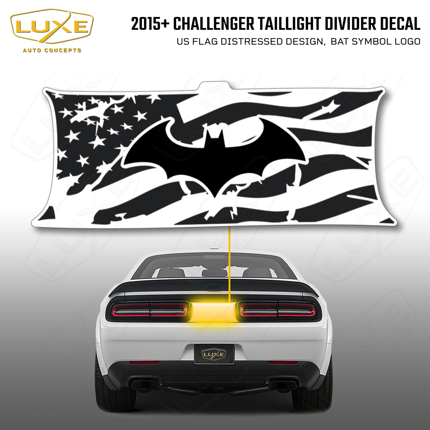 2015+ Challenger Taillight Center Divider Decal - US Flag Distressed Design, Bat Symbol Kit