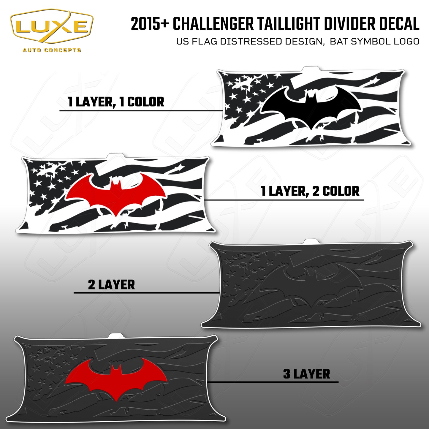 2015+ Challenger Taillight Center Divider Decal - US Flag Distressed Design, Bat Symbol Kit