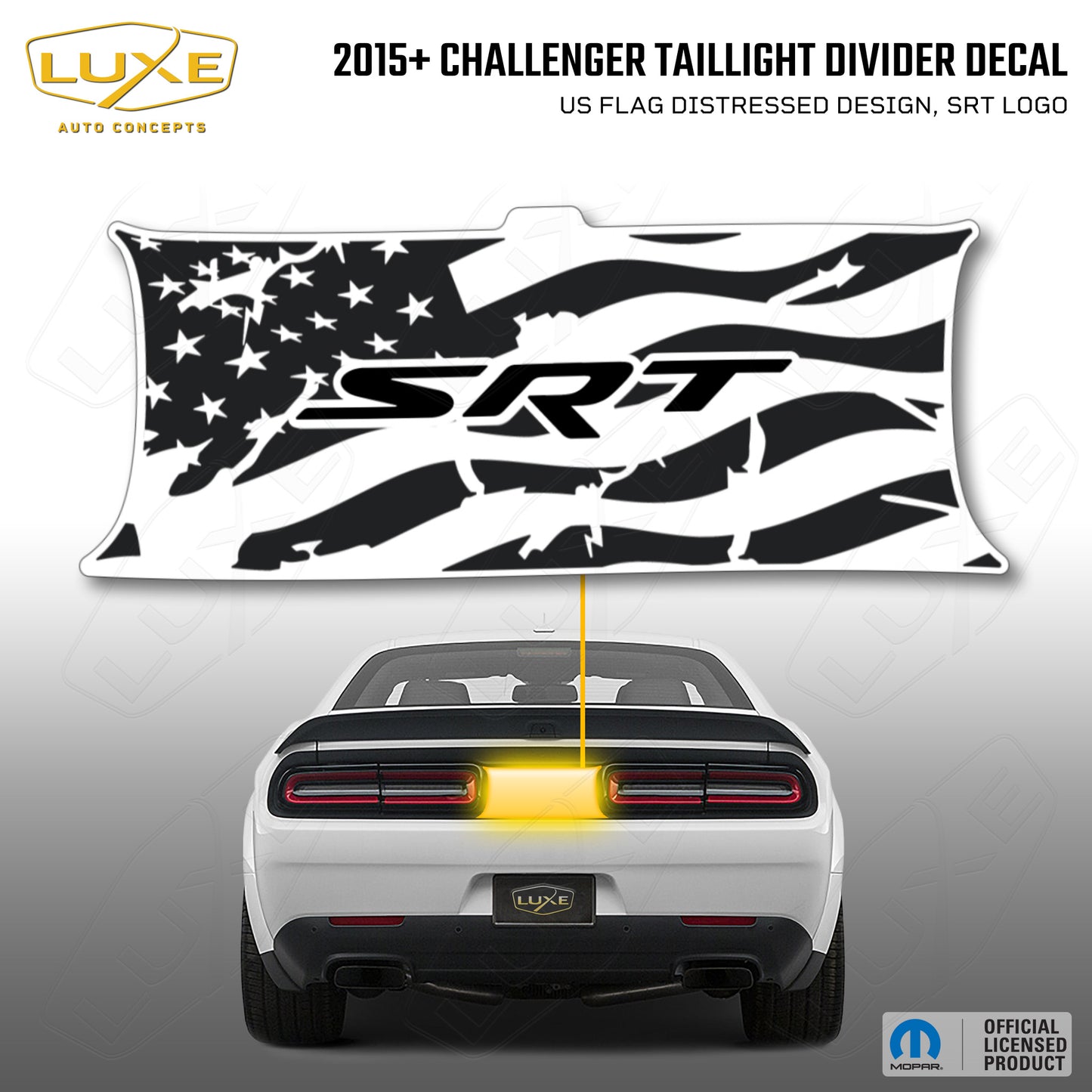 2015+ Challenger Taillight Center Divider Decal - US Flag Distressed Design, SRT Logo Kit