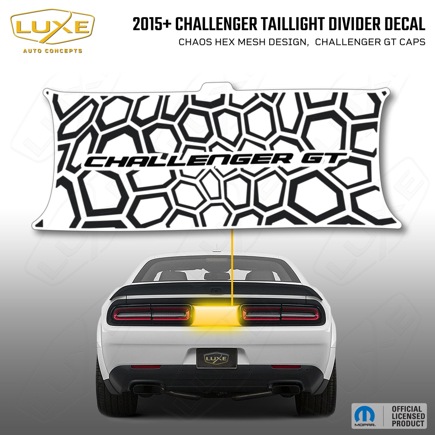 2015+ Challenger Taillight Center Divider Decal - Chaos Hex Mesh Design, Challenger GT Caps Logo Kit