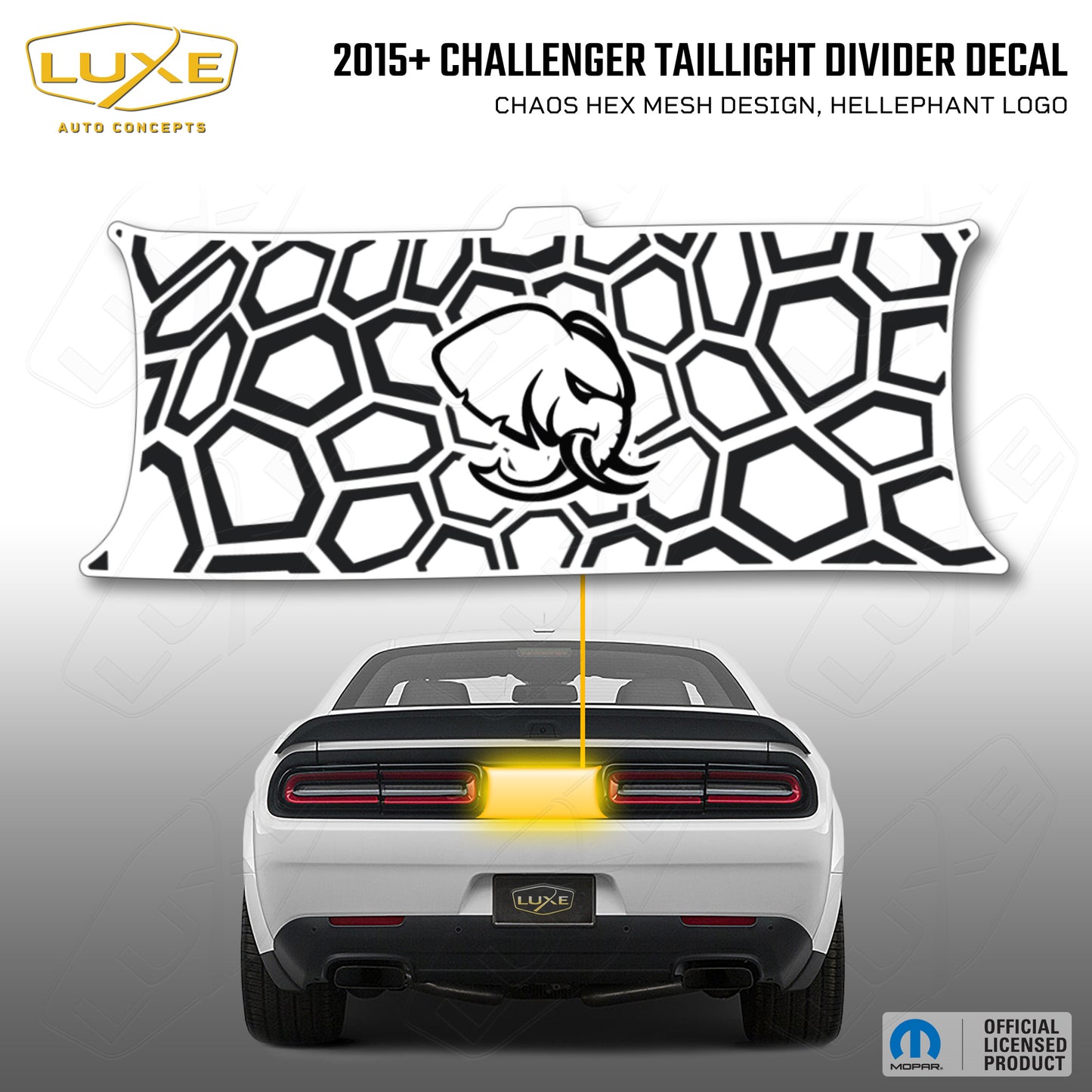 2015+ Challenger Taillight Center Divider Decal - Chaos Hex Mesh Design, Hellephant Logo Kit