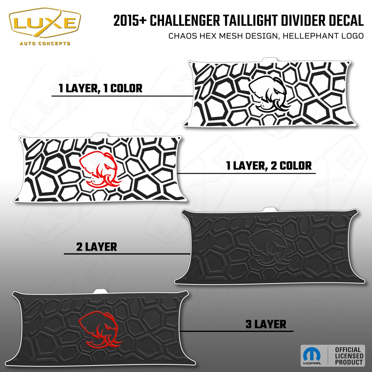 2015+ Challenger Taillight Center Divider Decal - Chaos Hex Mesh Design, Hellephant Logo Kit