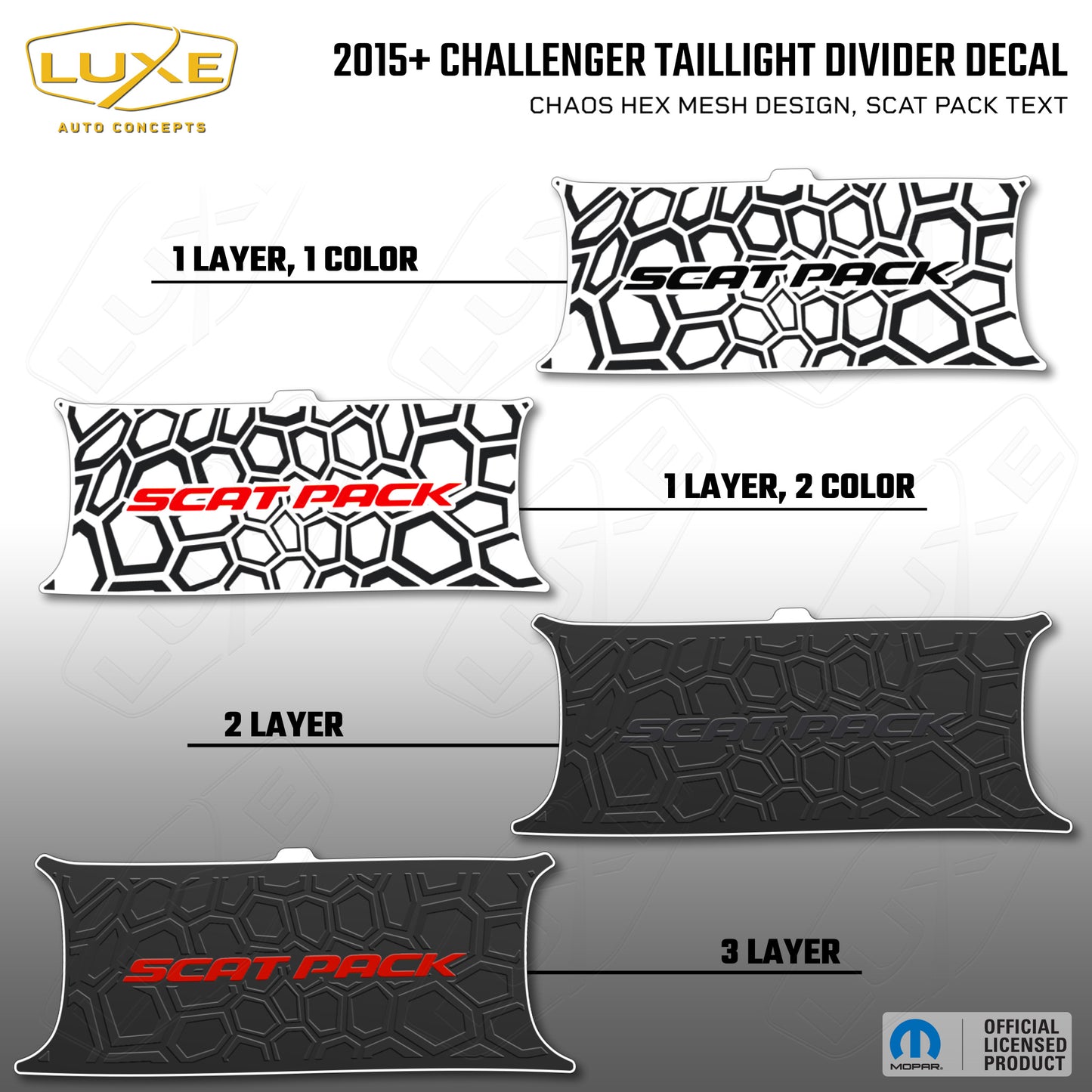 2015+ Challenger Taillight Center Divider Decal - Chaos Hex Mesh Design, Scat Pack Text Kit