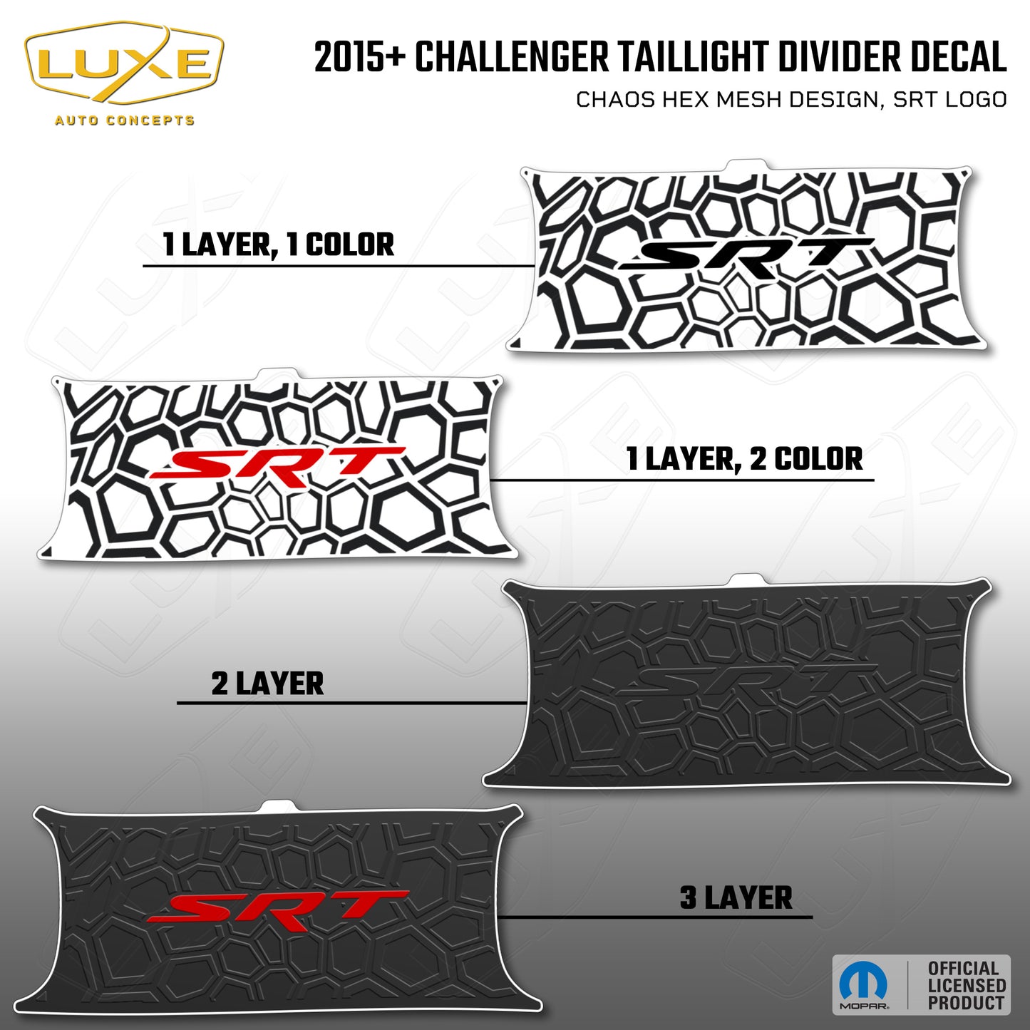 2015+ Challenger Taillight Center Divider Decal - Chaos Hex Mesh Design, SRT Logo Kit