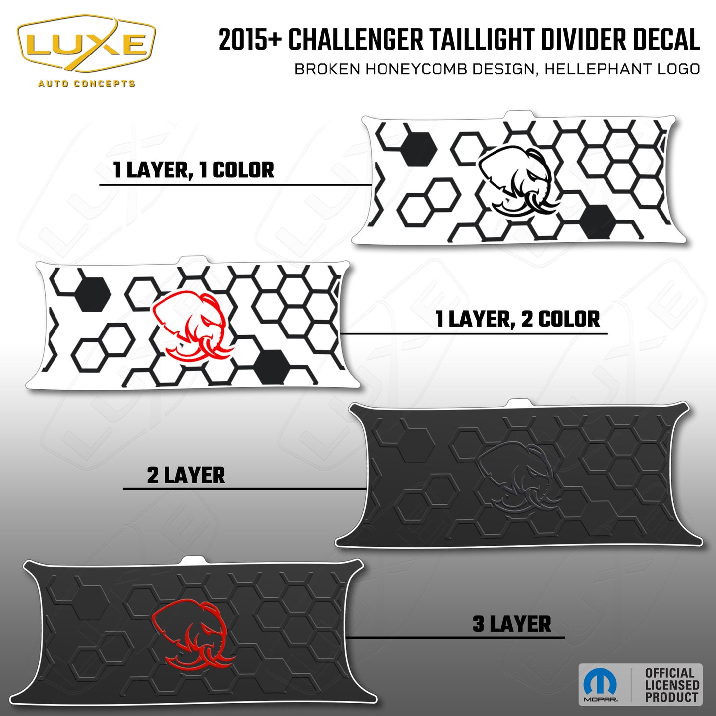 2015+ Challenger Taillight Center Divider Decal - Broken Honeycomb Design, Hellephant Logo Kit