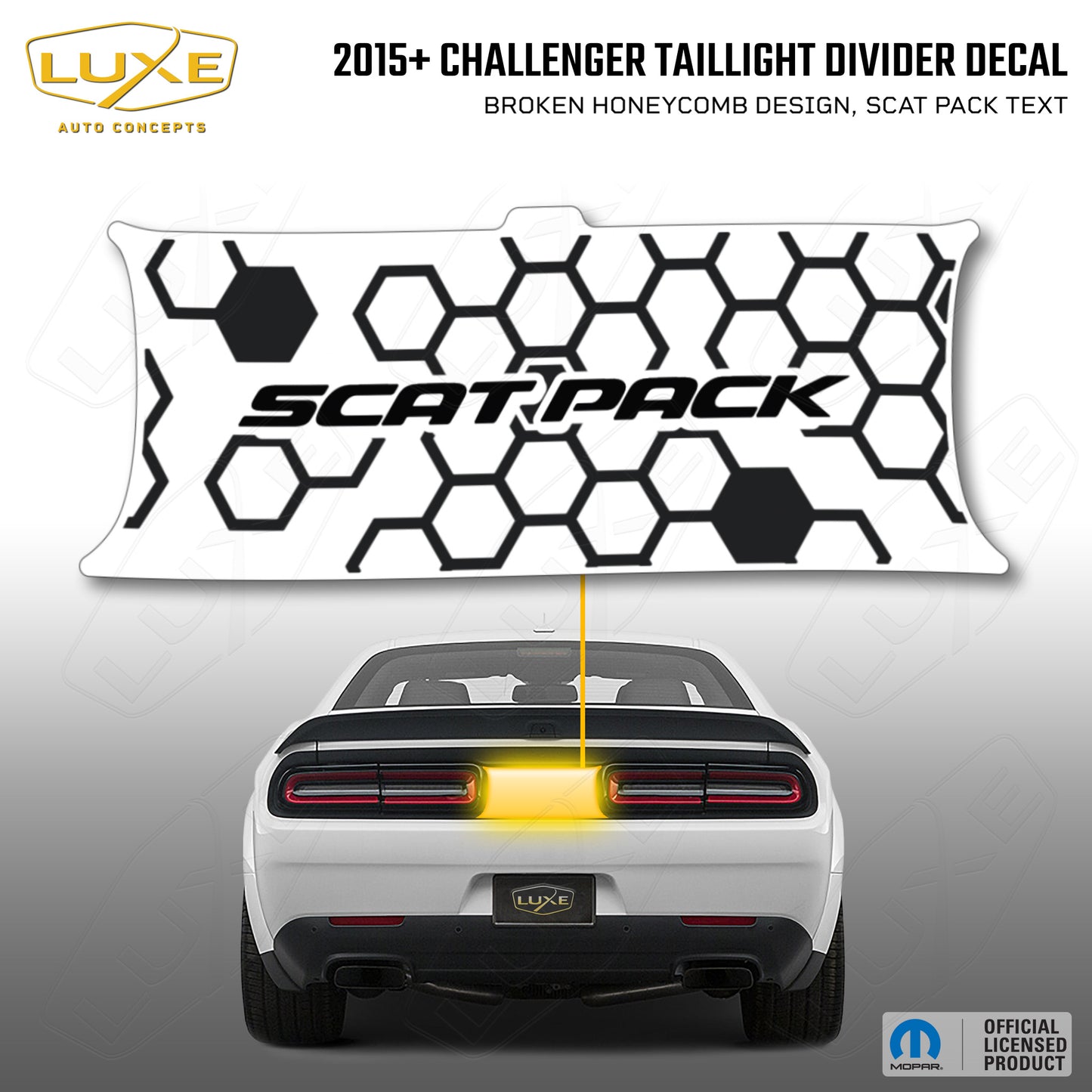 2015+ Challenger Taillight Center Divider Decal - Broken Honeycomb Design, Scat Pack Text Kit