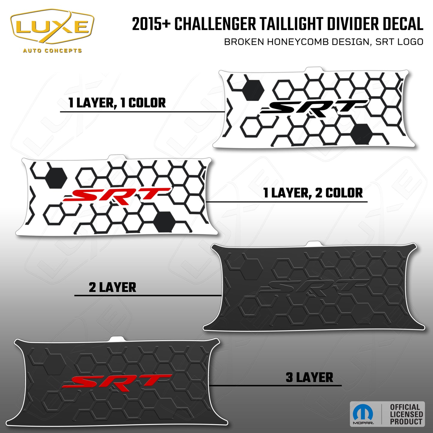 2015+ Challenger Taillight Center Divider Decal - Broken Honeycomb Design, SRT Logo Kit