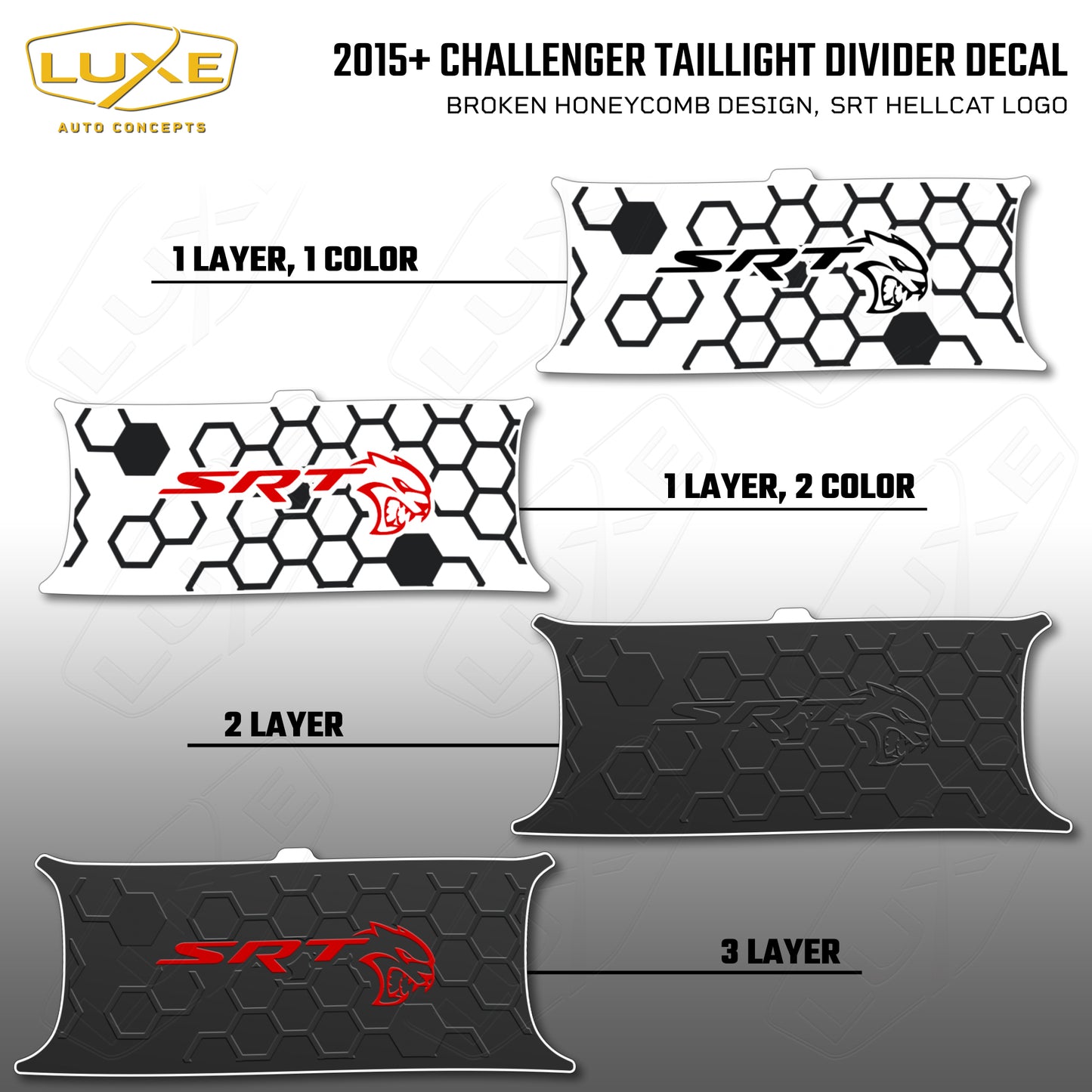 2015+ Challenger Taillight Center Divider Decal - Broken Honeycomb Design, SRT Hellcat Logo Kit