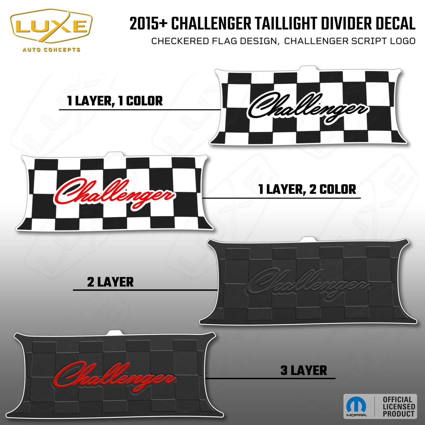 2015+ Challenger Taillight Center Divider Decal - Checkered Flag Design, Challenger Script Logo Kit