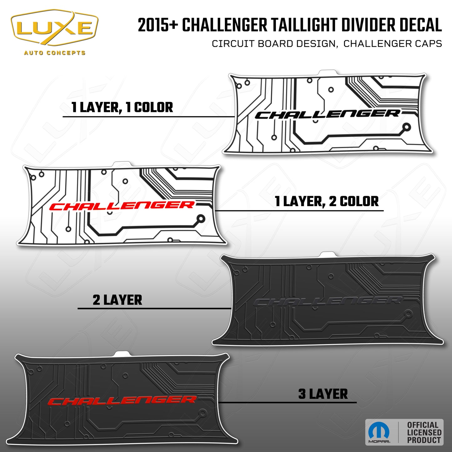 2015+ Challenger Taillight Center Divider Decal - Circuit Board Design, Challenger Caps