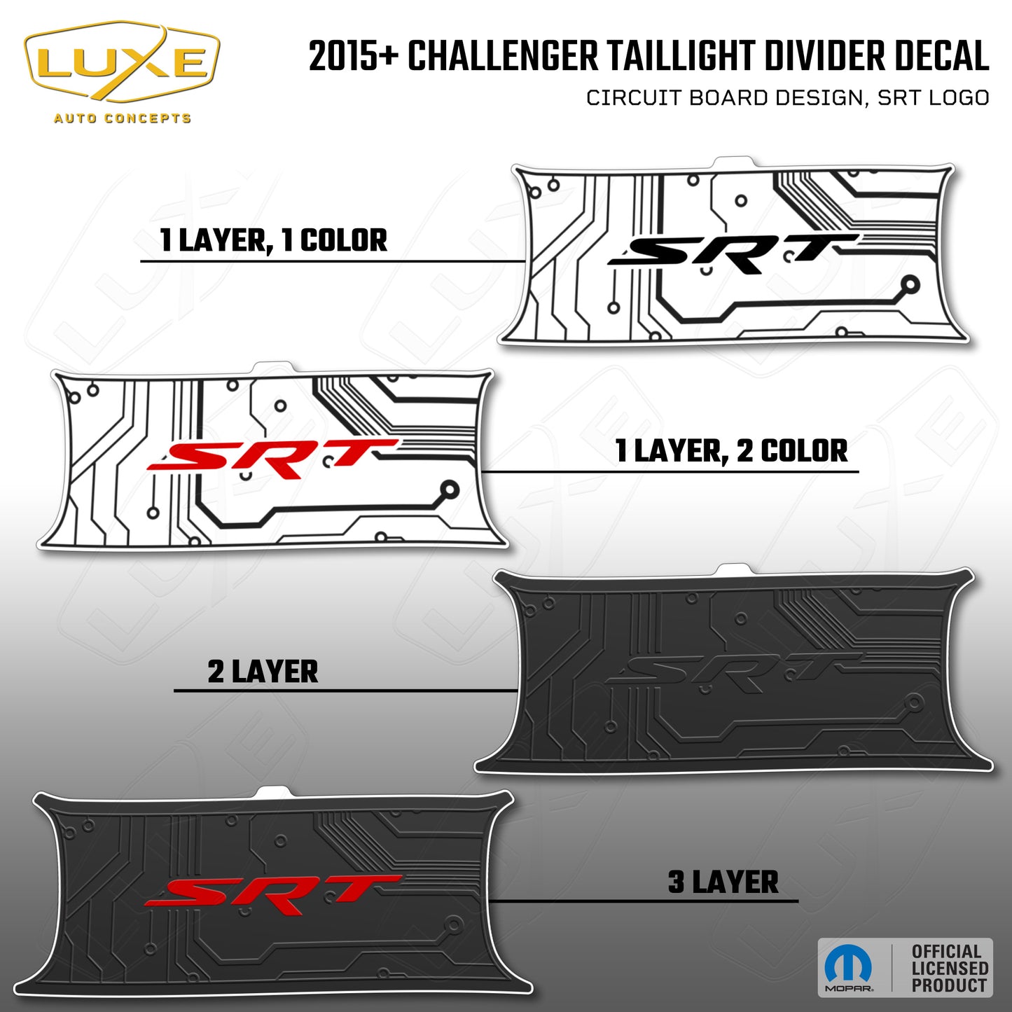 2015+ Challenger Taillight Center Divider Decal - Circuit Board Design, SRT Logo