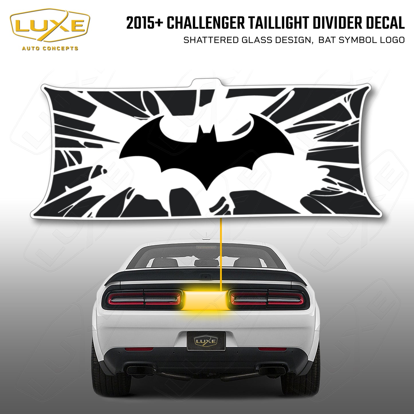 2015+ Challenger Taillight Center Divider Decal - Shattered Glass Design, Bat Symbol