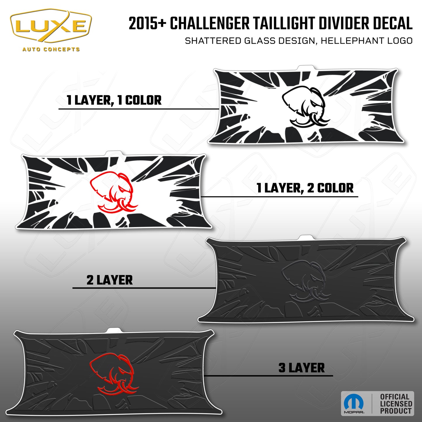 2015+ Challenger Taillight Center Divider Decal - Shattered Glass Design, Hellephant Logo