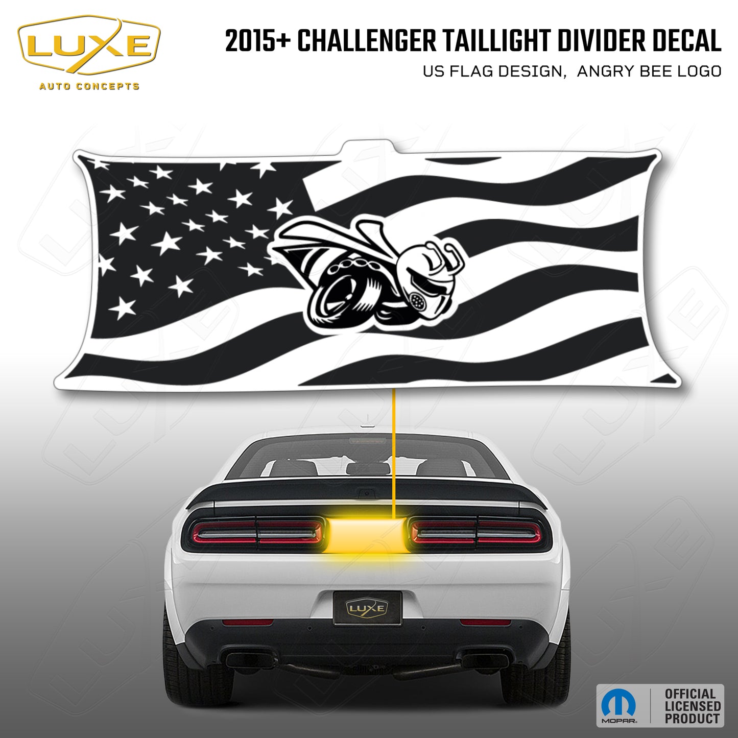 2015+ Challenger Taillight Center Divider Decal - US Flag Design, Angry Bee Logo