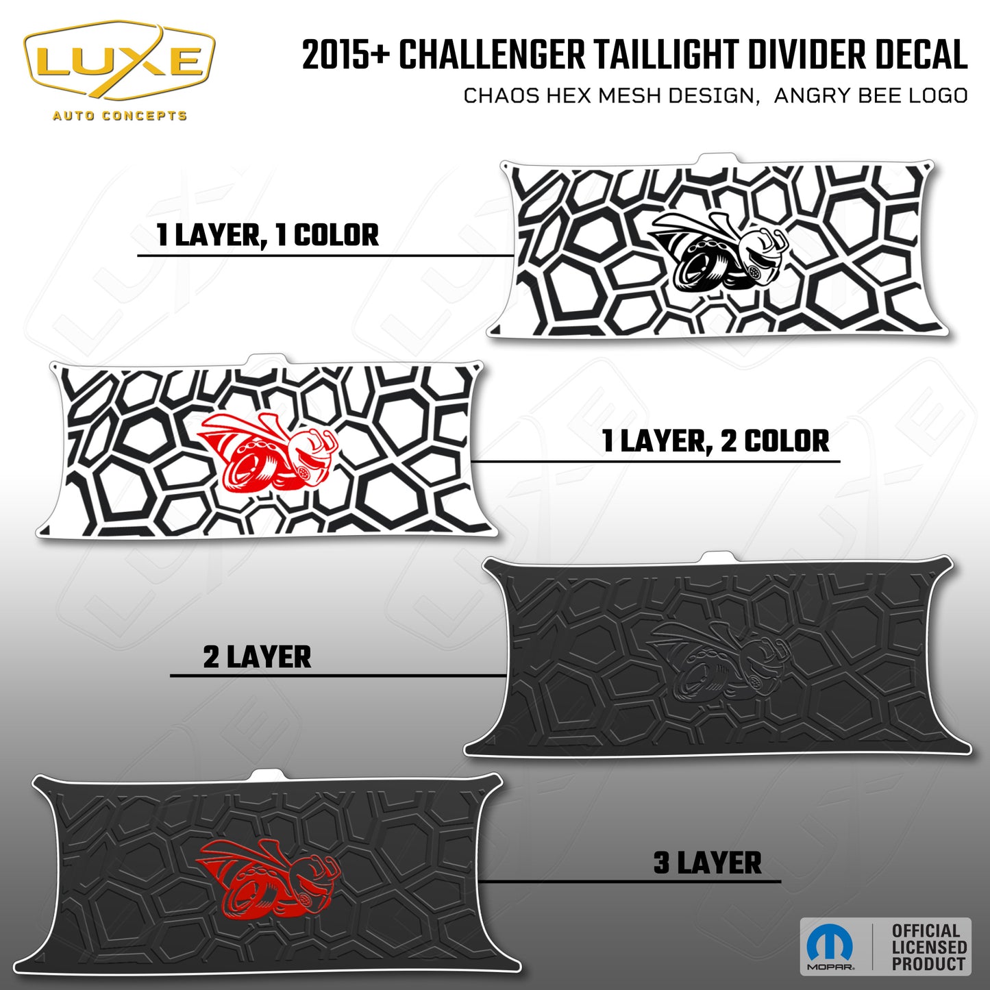 2015+ Challenger Taillight Center Divider Decal - Chaos Hex Mesh Design, Angry Bee Logo Logo Kit