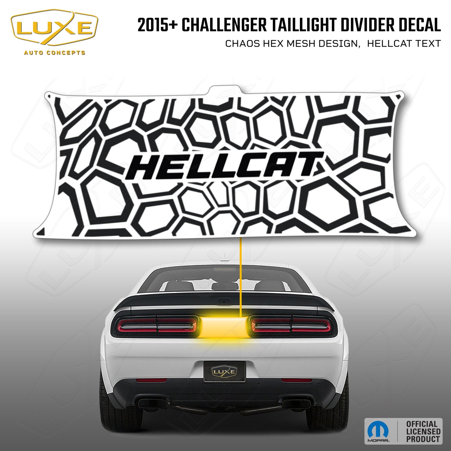 2015+ Challenger Taillight Center Divider Decal - Chaos Hex Mesh Design, Hellcat Text Kit