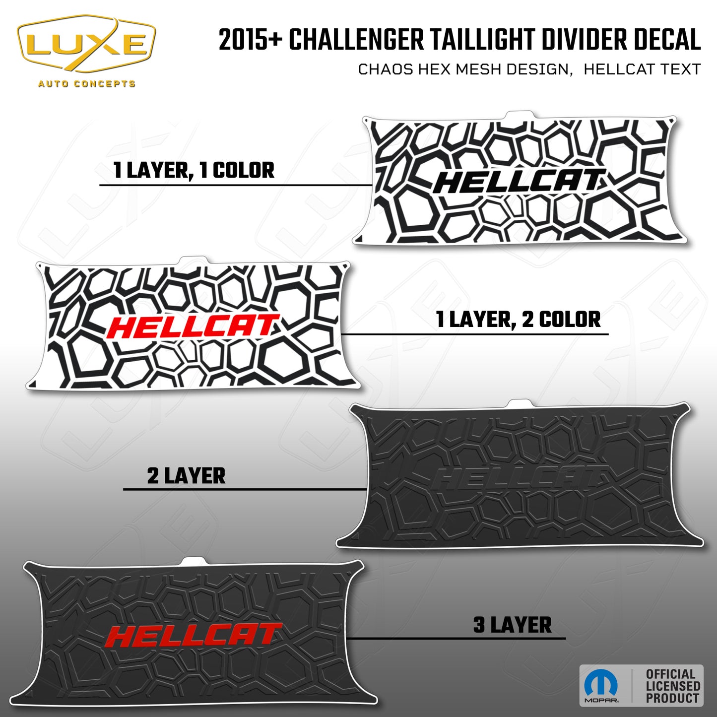 2015+ Challenger Taillight Center Divider Decal - Chaos Hex Mesh Design, Hellcat Text Kit