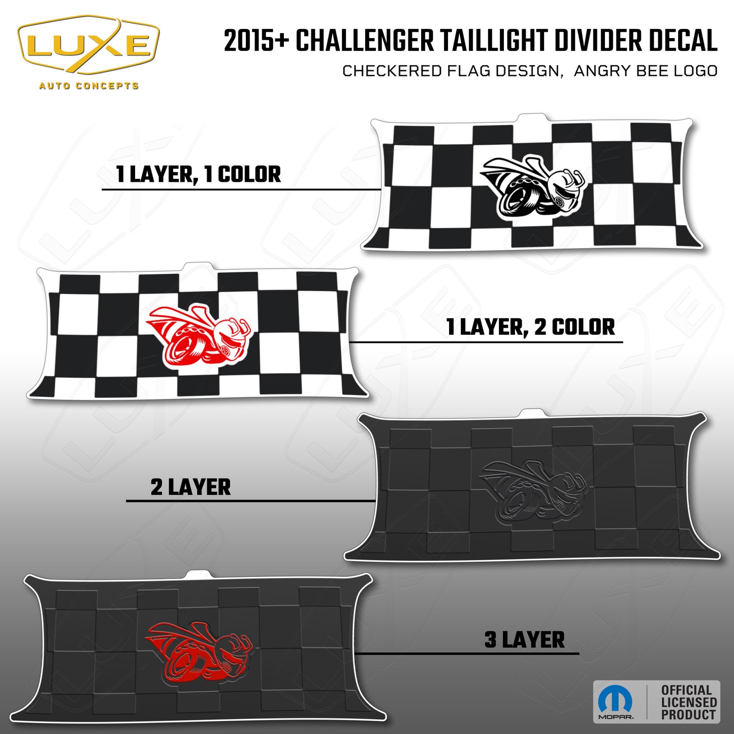 2015+ Challenger Taillight Center Divider Decal - Checkered Flag Design, Angry Bee Logo Kit