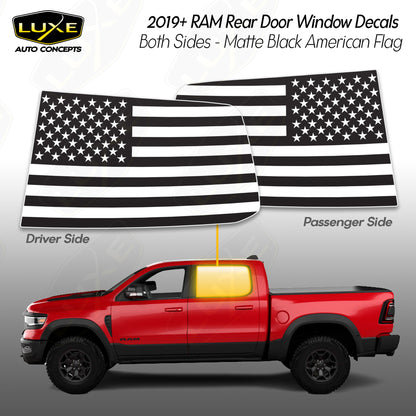 2019+ RAM Rear Door Window Decals - Both Sides - Matte Black American Flag