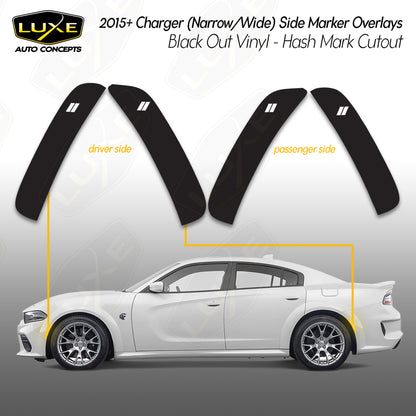 2015+ Dodge Charger Side Marker Overlays - Black Out Vinyl - Hash Marks Cutout Kit