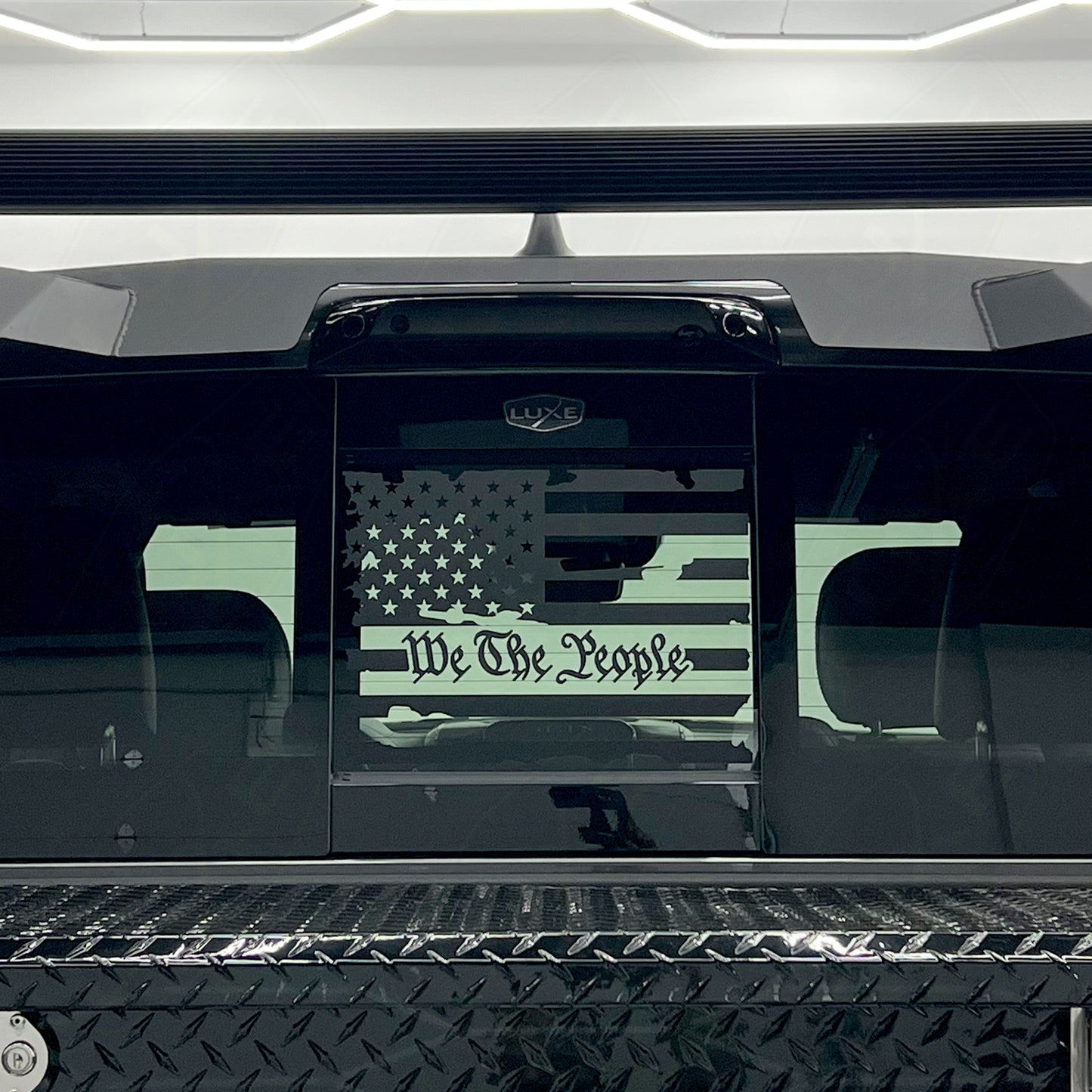 2019+ RAM Back Power Sliding Middle Window Vinyl Decal - Matte Black Distressed We The People Flag