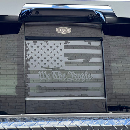 2019+ RAM Back Power Sliding Middle Window Vinyl Decal - Matte Black Distressed We The People Flag