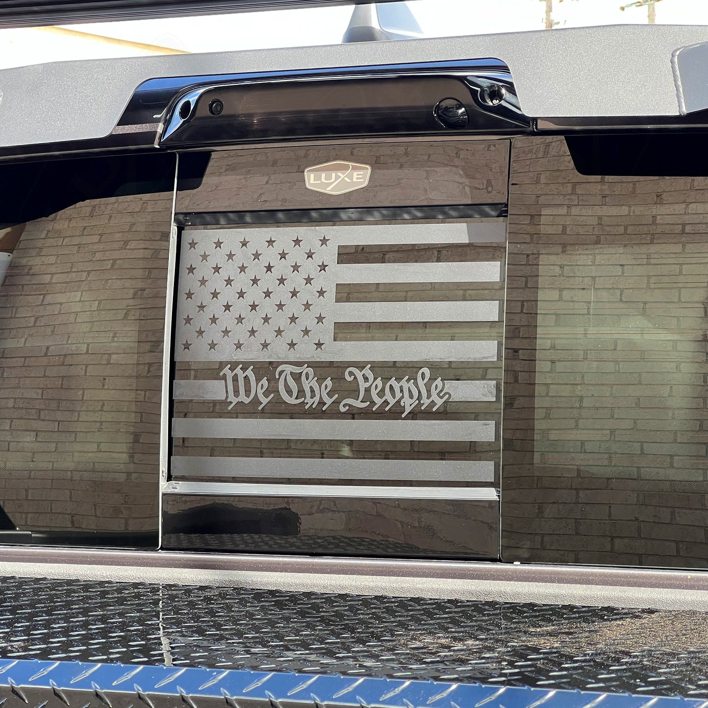 2019+ RAM Back Power Sliding Middle Window Vinyl Decal - Matte Black We The People Flag